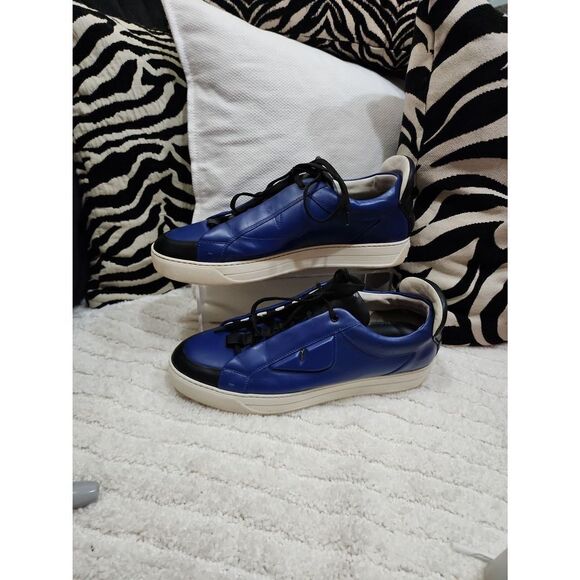 FENDI BUGS MID-TOP LEATHER TRAINERS IN BLUE/BLACK Men's 7.5 - Picture 1 of 8